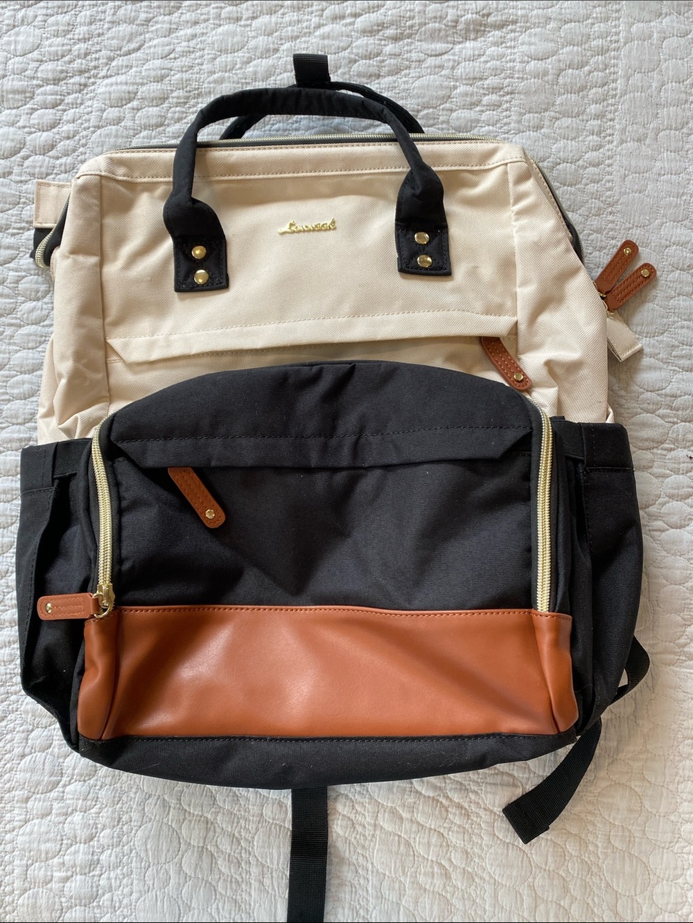 Two-Tone Black & Cream Backpack with Brown Trim